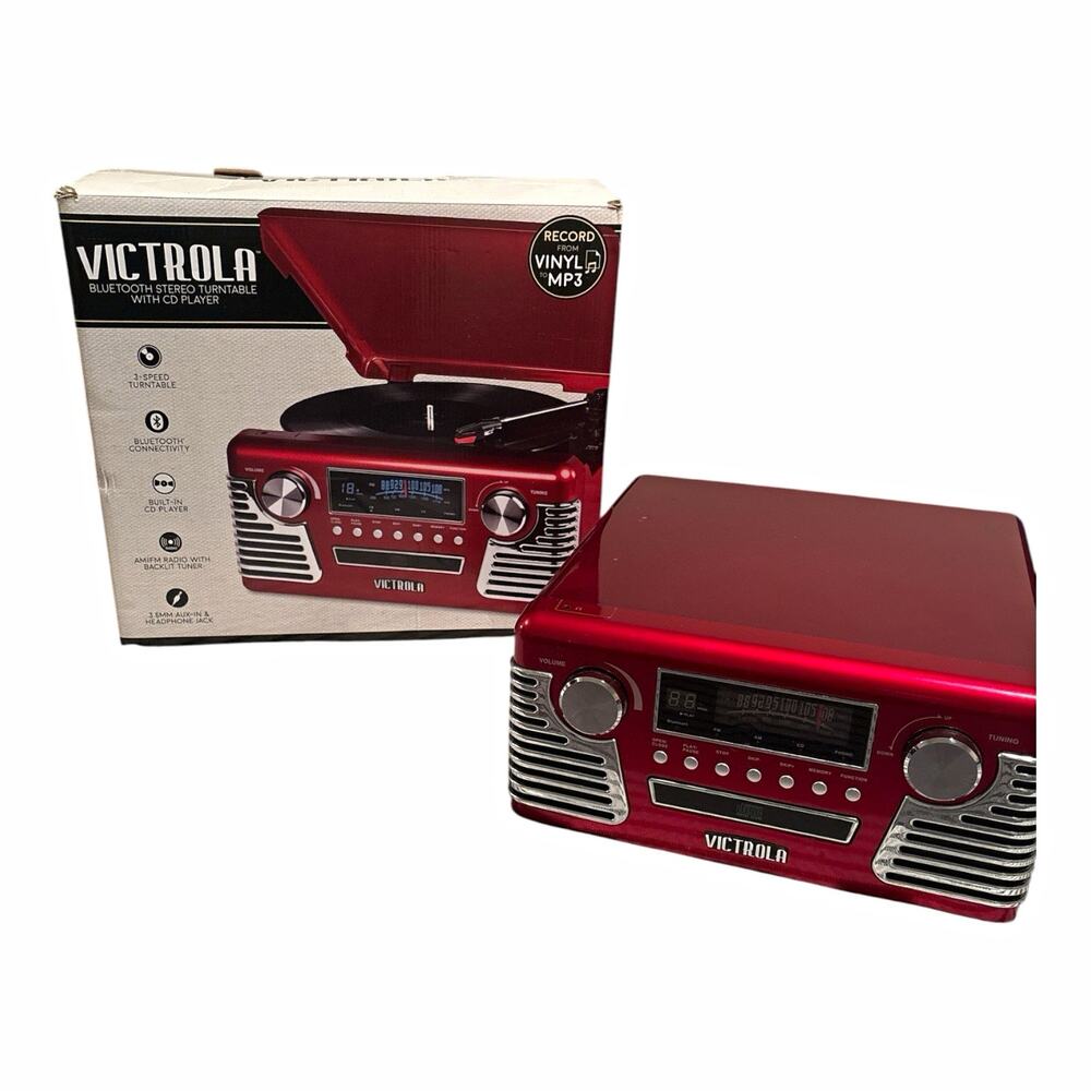 Victrola Bluetooth Stereo Turntable w/ Built-In CD Player AM/FM Radio, Red